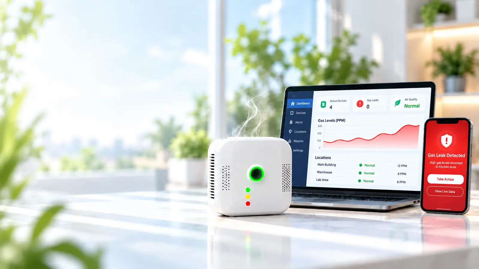 Gas monitoring detector, dashboard laptop, and mobile alert device